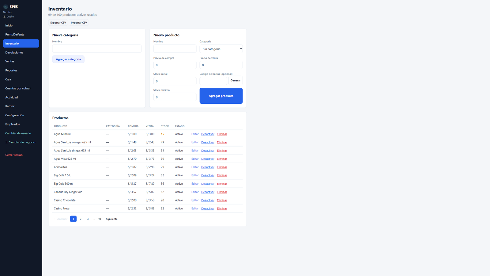 Panel de inventario de productos con stock, precios y categorías